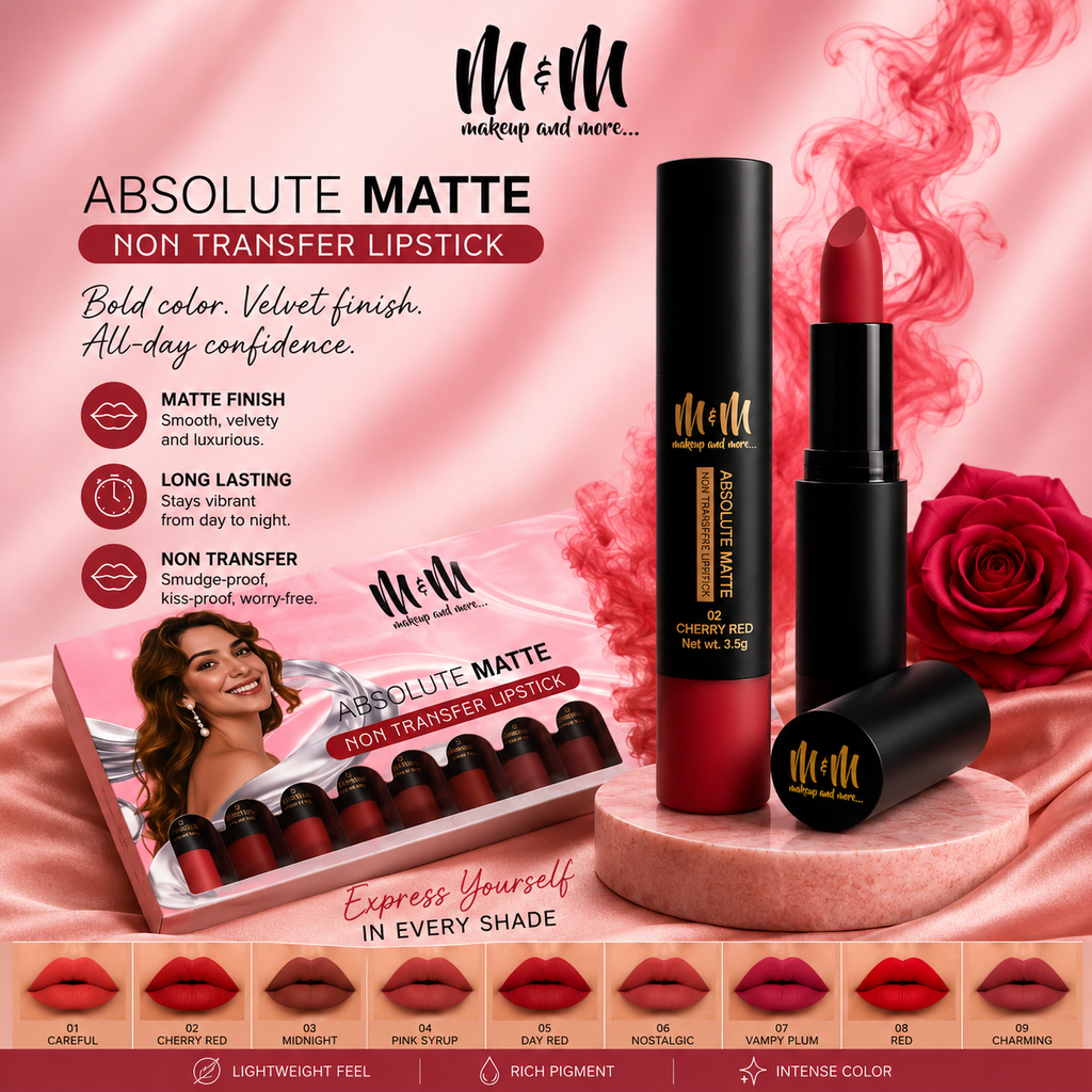 M & M Absolute Matte Non-Transfer Lipstick | Smooth Glide Application for Full Coverage | Long-Wear Formula Resistant to Smudging and Fading | Matte Finish | Cherry Red | Set of 2 Pcs