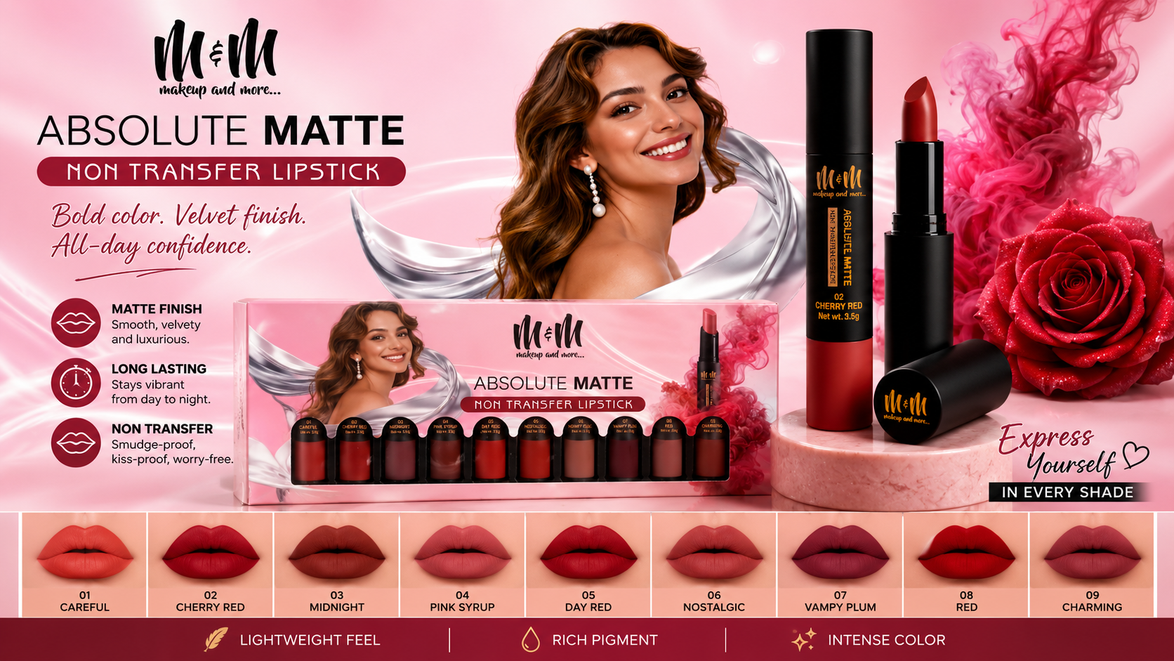 M & M Absolute Matte Non-Transfer Lipstick | Smooth Glide Application for Full Coverage | Long-Wear Formula Resistant to Smudging and Fading | Matte Finish | Cherry Red | Set of 2 Pcs