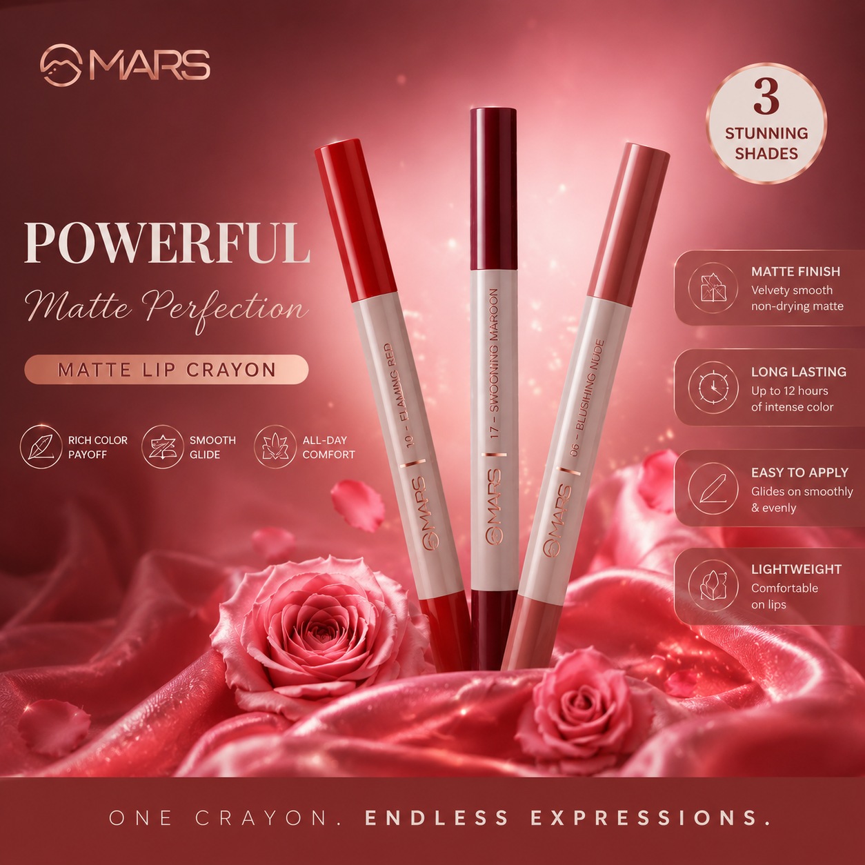 MARS Velvet Matte Lip Crayon Set | Long-Lasting Smooth Matte Finish | Highly Pigmented Lip Color Collection