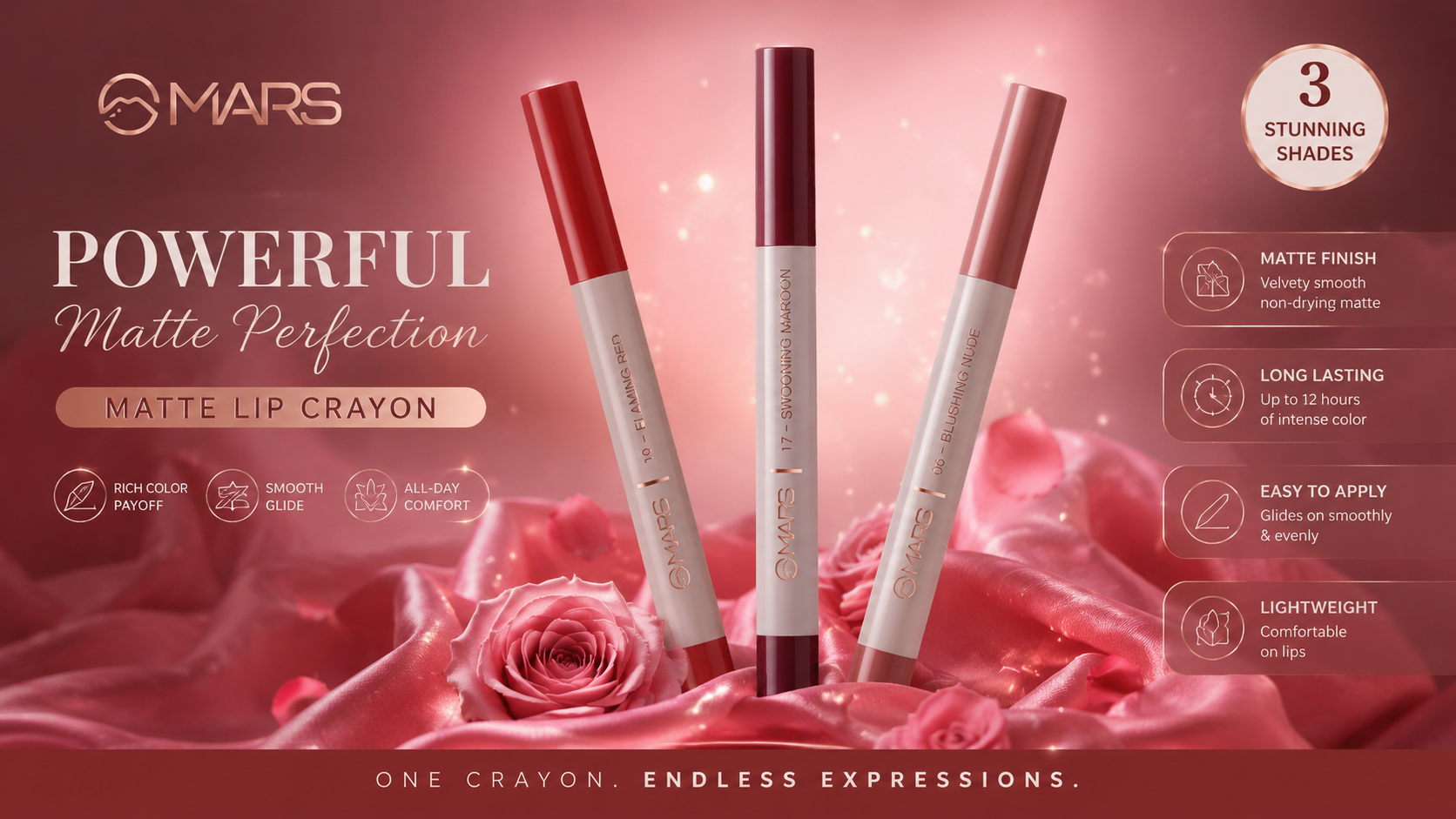 MARS Velvet Matte Lip Crayon Set | Long-Lasting Smooth Matte Finish | Highly Pigmented Lip Color Collection