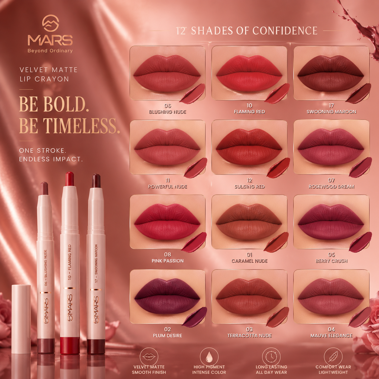 MARS Velvet Matte Lip Crayon Set | Long-Lasting Smooth Matte Finish | Highly Pigmented Lip Color Collection