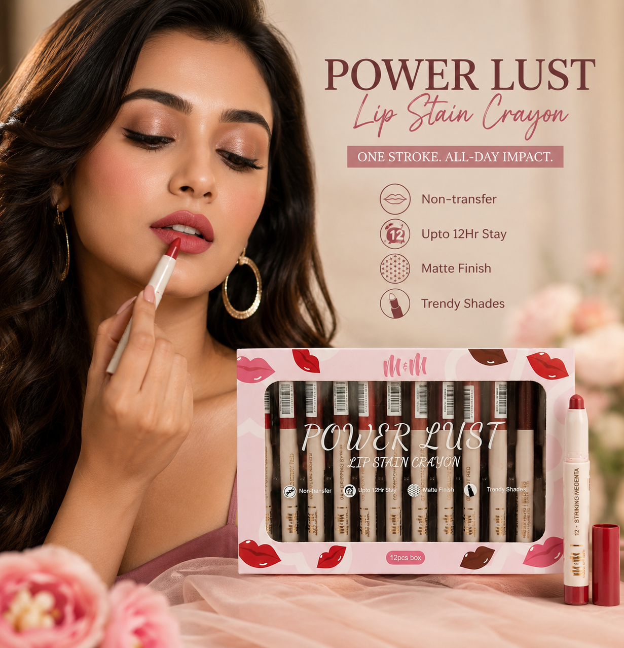 M&M Power Lust Lip Stain Crayon Set | 12 Trendy Matte Shades | Long-Lasting Non-Transfer Lip Crayons | Set of 2