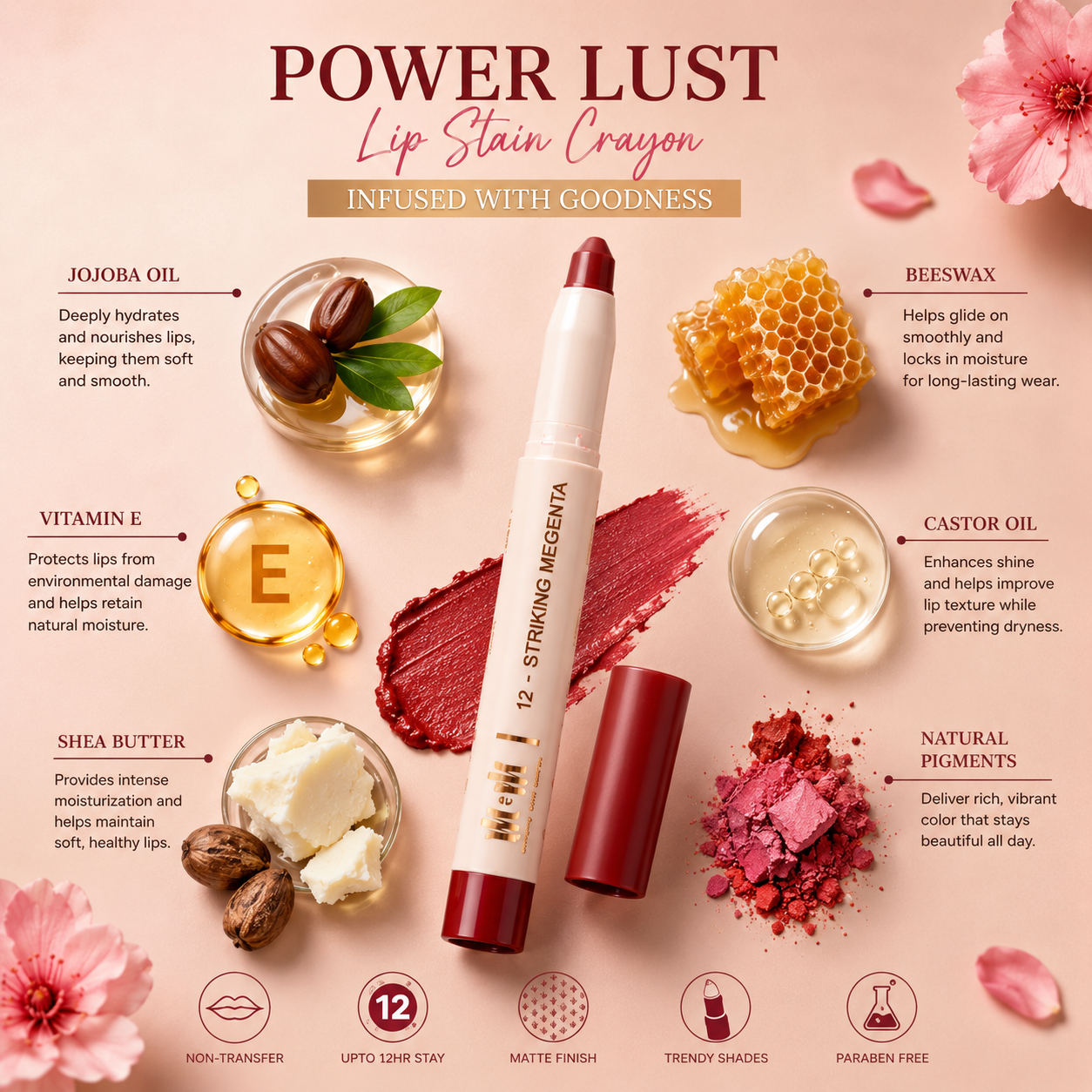 M&M Power Lust Lip Stain Crayon Set | 12 Trendy Matte Shades | Long-Lasting Non-Transfer Lip Crayons | Set of 2