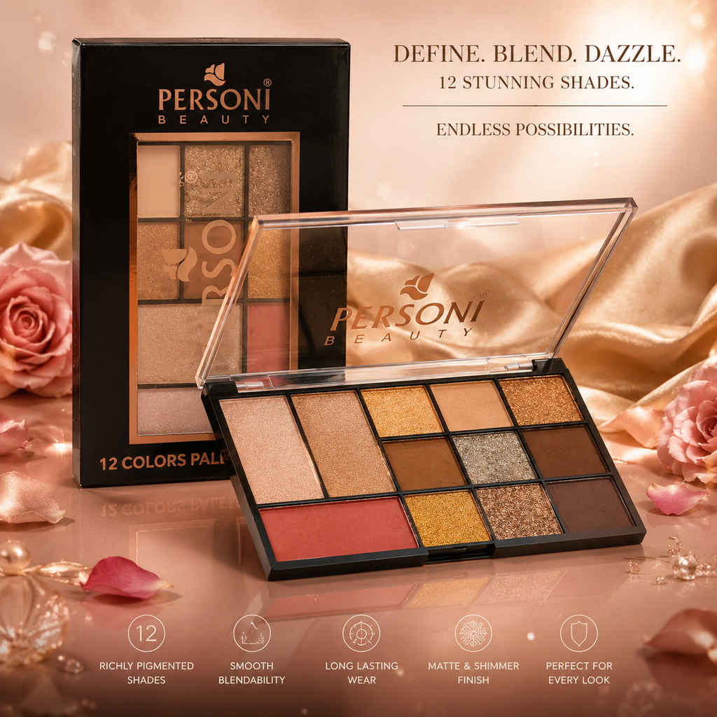 PERSONI Beauty 12 Colors Eyeshadow Palette | Matte & Shimmer Finish | Highly Pigmented Long-Lasting Makeup Palette