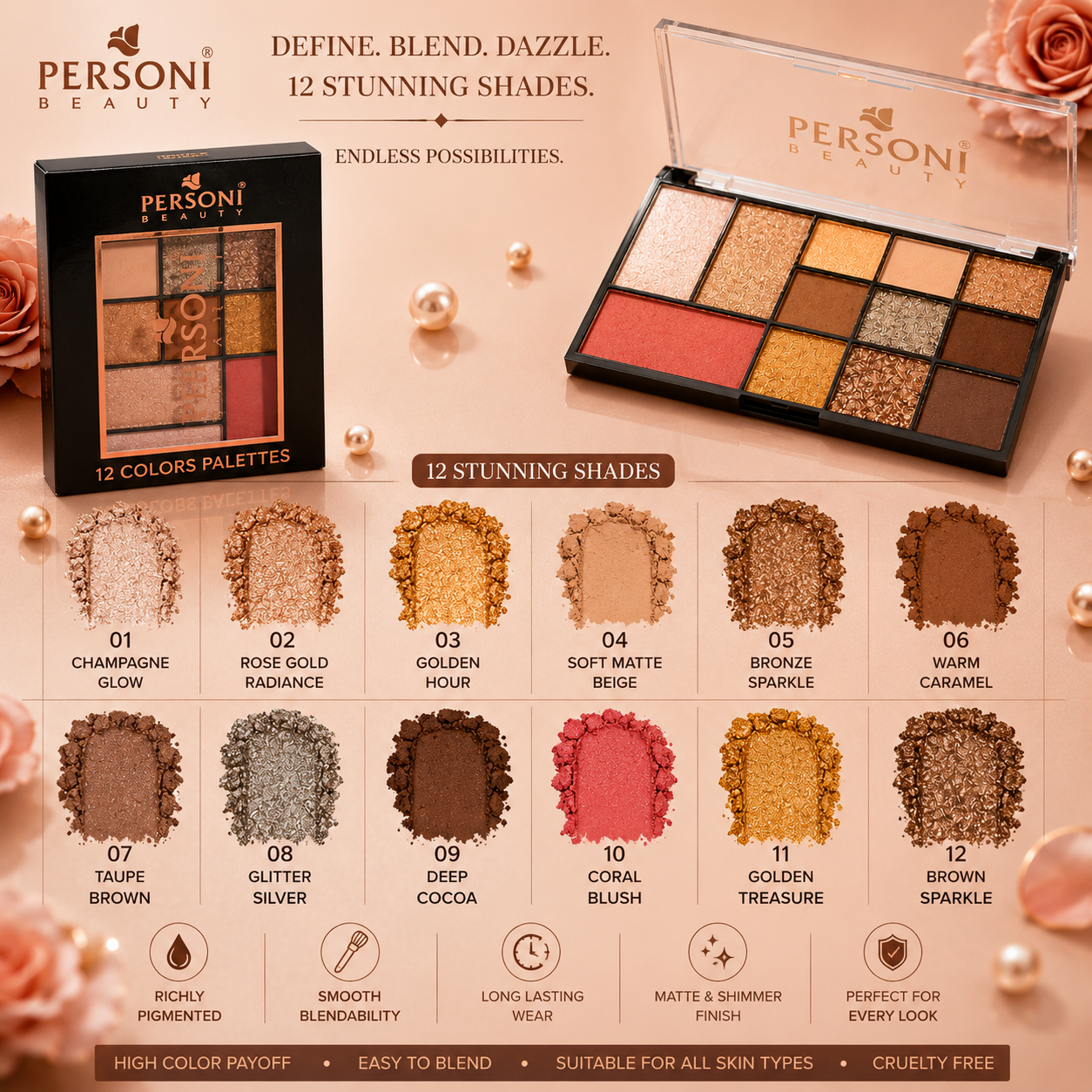 PERSONI Beauty 12 Colors Eyeshadow Palette | Matte & Shimmer Finish | Highly Pigmented Long-Lasting Makeup Palette