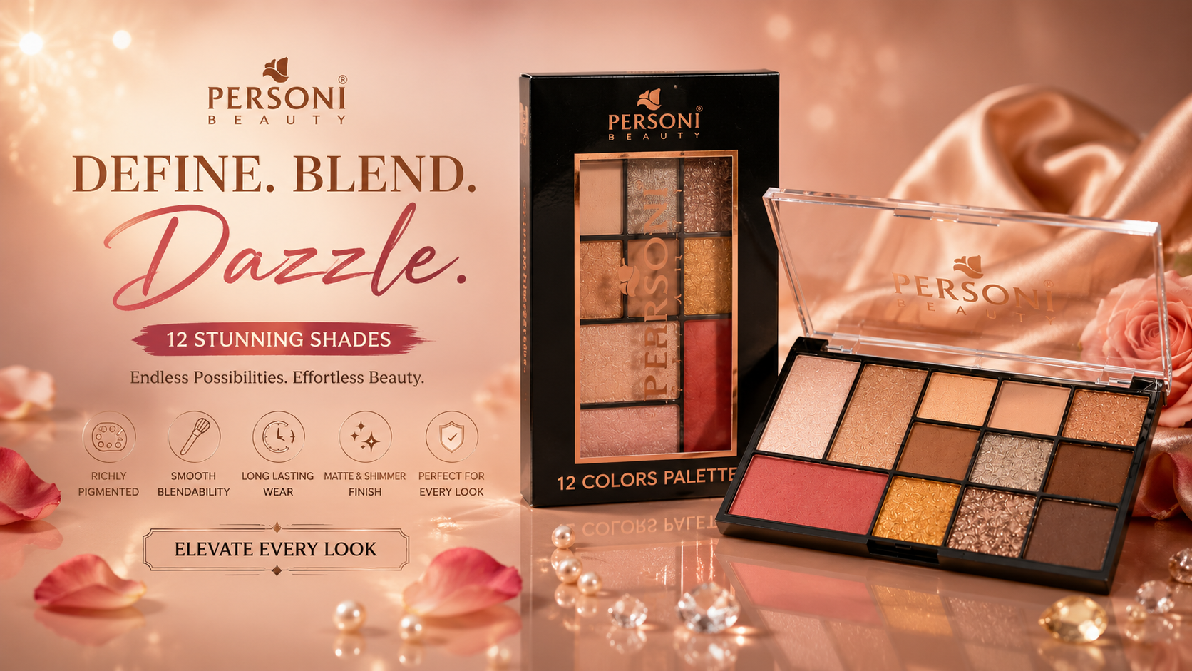 PERSONI Beauty 12 Colors Eyeshadow Palette | Matte & Shimmer Finish | Highly Pigmented Long-Lasting Makeup Palette