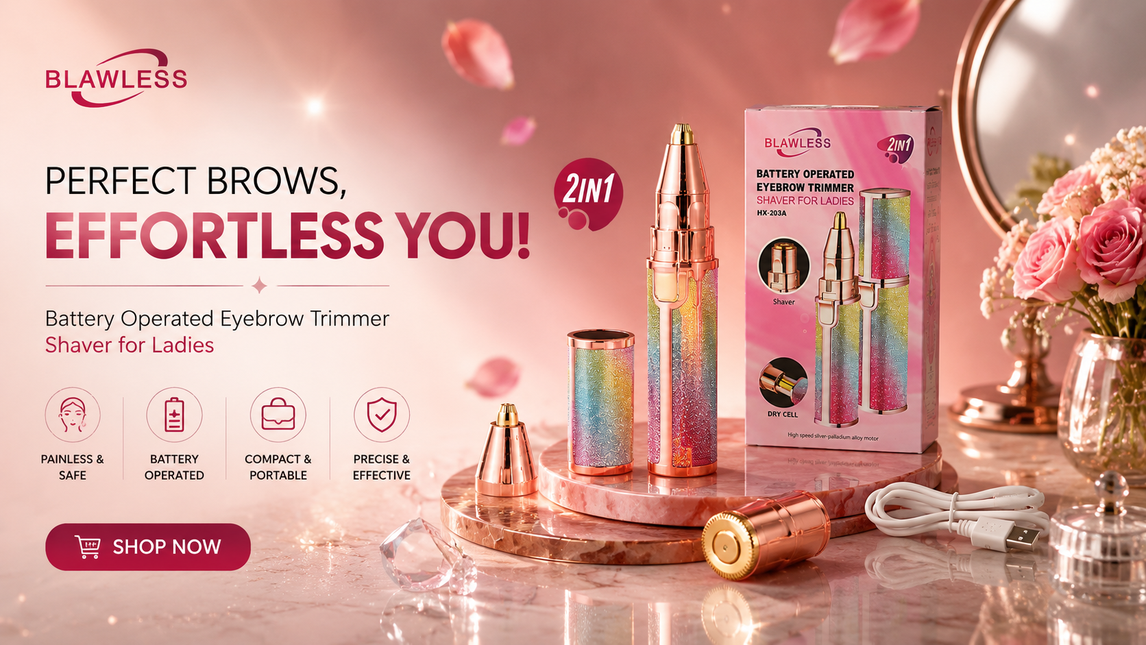 BLAWLESS 2-in-1 Eyebrow Trimmer & Facial Hair Remover for Women – Rechargeable Precision Shaver for Ladies