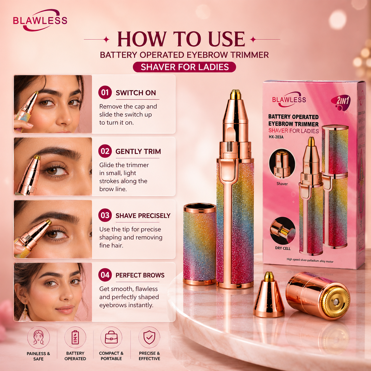BLAWLESS 2-in-1 Eyebrow Trimmer & Facial Hair Remover for Women – Rechargeable Precision Shaver for Ladies