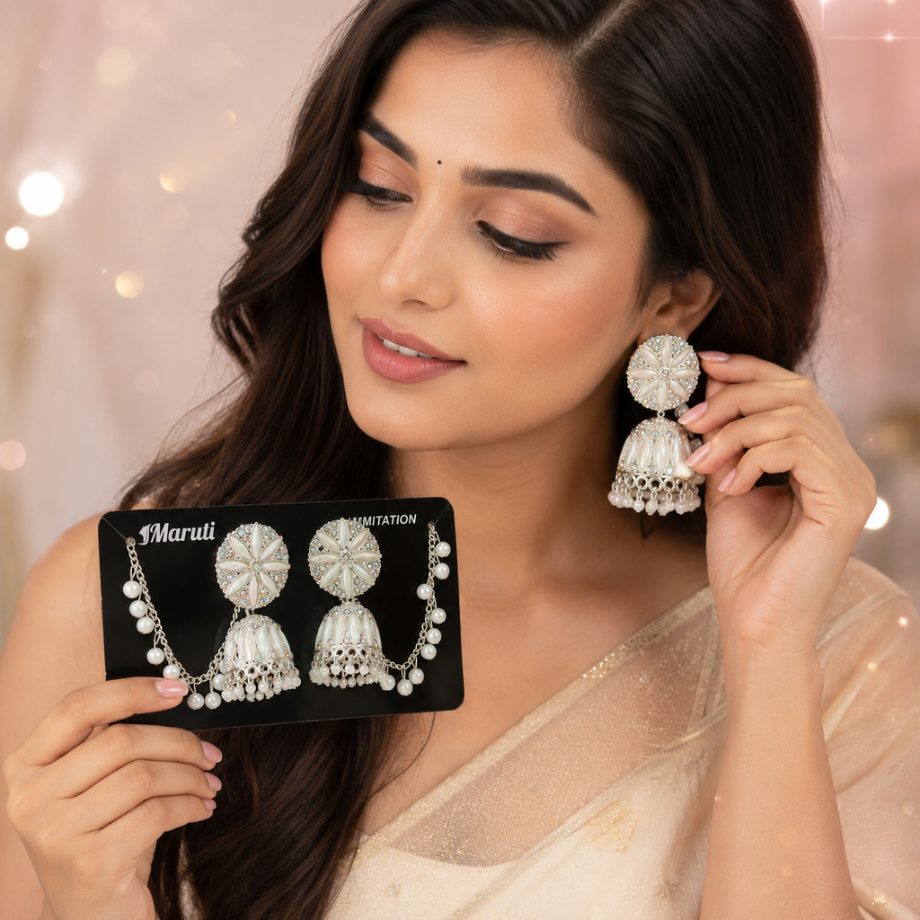 Elegant Pearl Jhumka Earrings for Women – Premium Silver Finish Ethnic Party Wear Jewellery