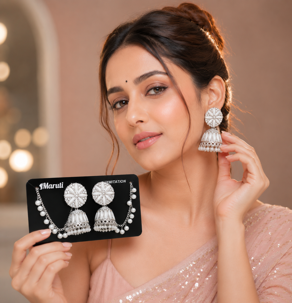 Elegant Pearl Jhumka Earrings for Women – Premium Silver Finish Ethnic Party Wear Jewellery