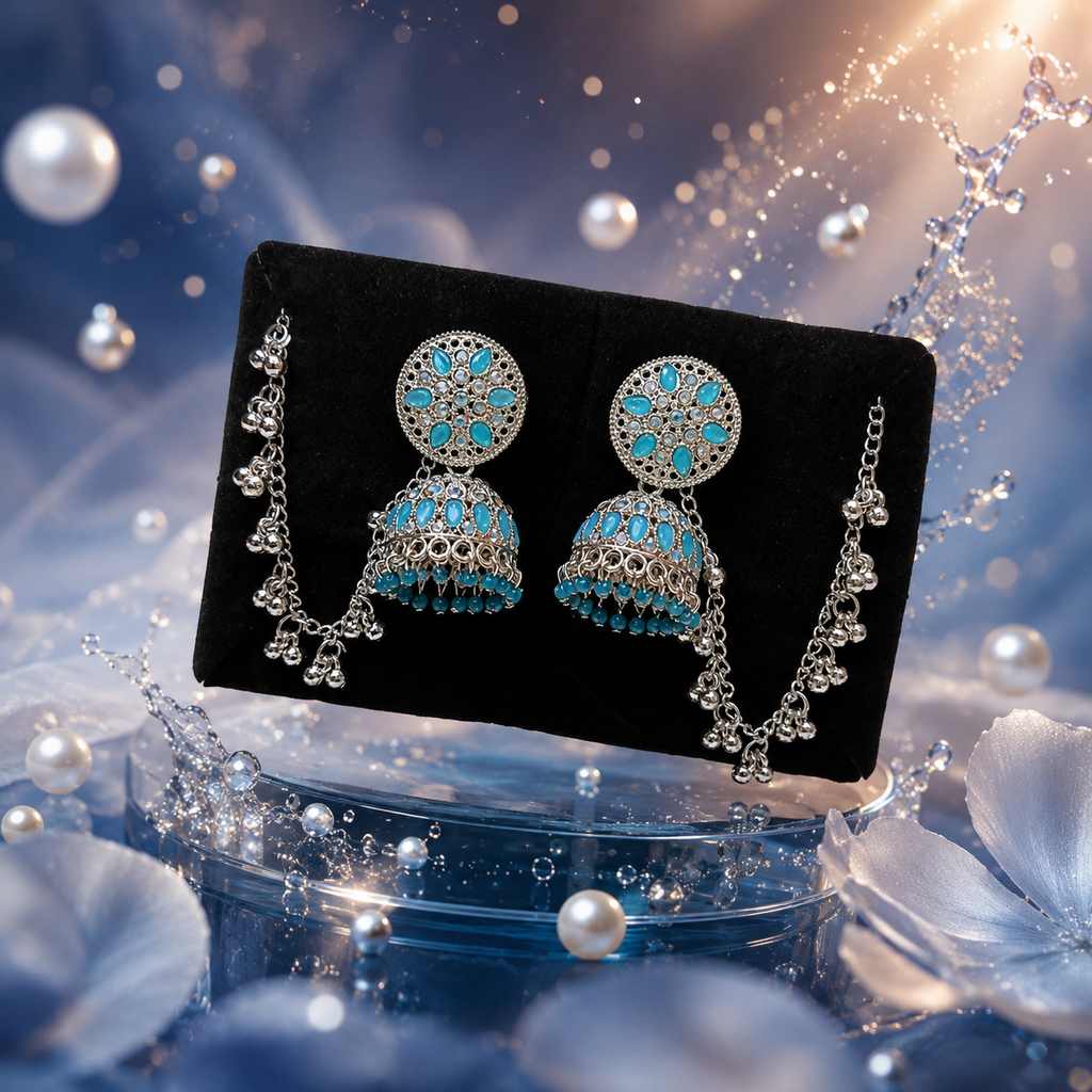 Turquoise Stone Oxidised Jhumka Earrings for Women with Pearl Chain Tassels | Traditional Ethnic Statement Jewelry