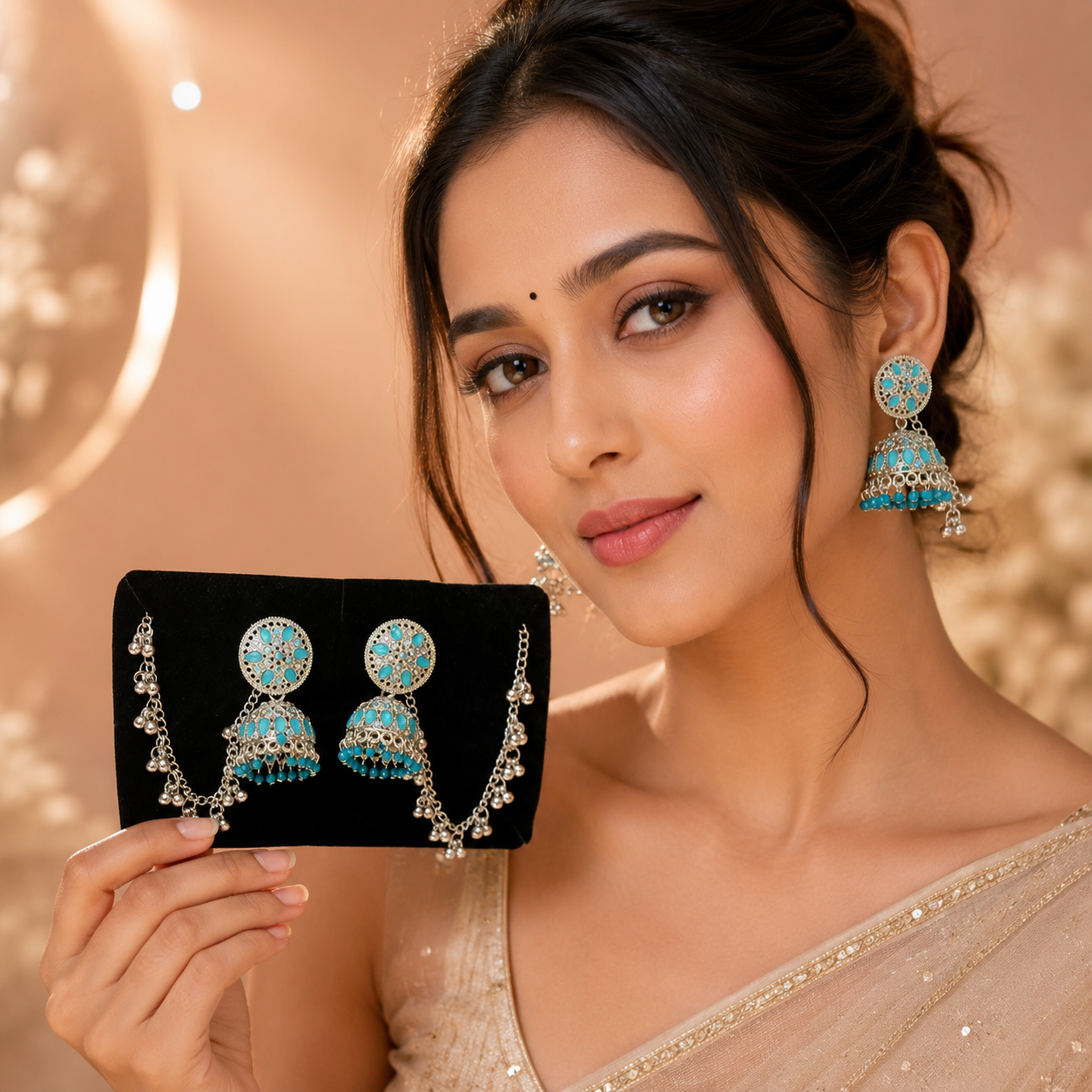 Turquoise Stone Oxidised Jhumka Earrings for Women with Pearl Chain Tassels | Traditional Ethnic Statement Jewelry