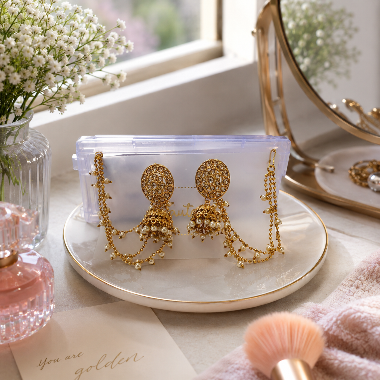 Luxury Pearl Jhumka Earrings for Women – Traditional Gold Plated Ethnic Earrings with Pearl Chains