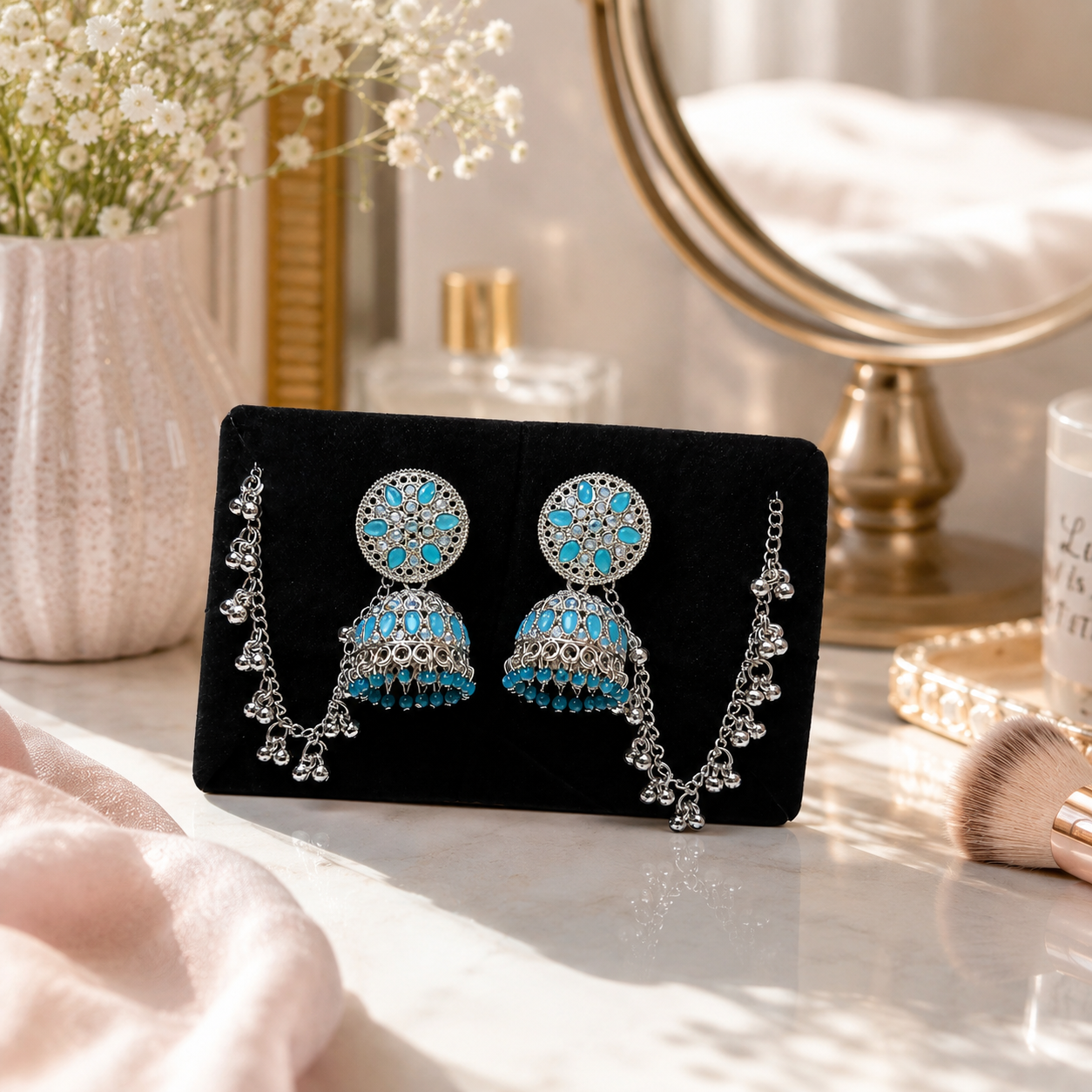Turquoise Stone Oxidised Jhumka Earrings for Women with Pearl Chain Tassels | Traditional Ethnic Statement Jewelry