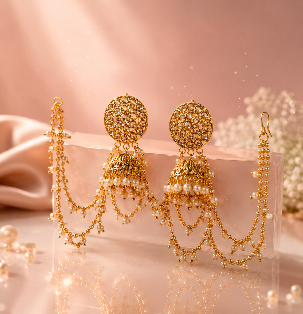 Luxury Pearl Jhumka Earrings for Women – Traditional Gold Plated Ethnic Earrings with Pearl Chains