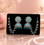 Turquoise Stone Oxidised Jhumka Earrings for Women with Pearl Chain Tassels | Traditional Ethnic Statement Jewelry