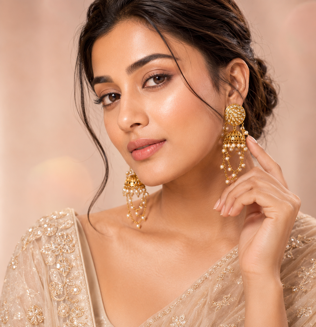Luxury Pearl Jhumka Earrings for Women – Traditional Gold Plated Ethnic Earrings with Pearl Chains