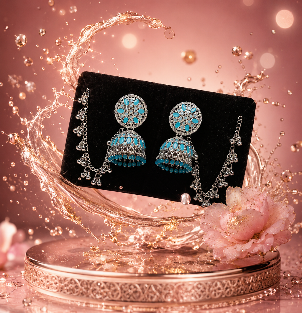 Turquoise Stone Oxidised Jhumka Earrings for Women with Pearl Chain Tassels | Traditional Ethnic Statement Jewelry