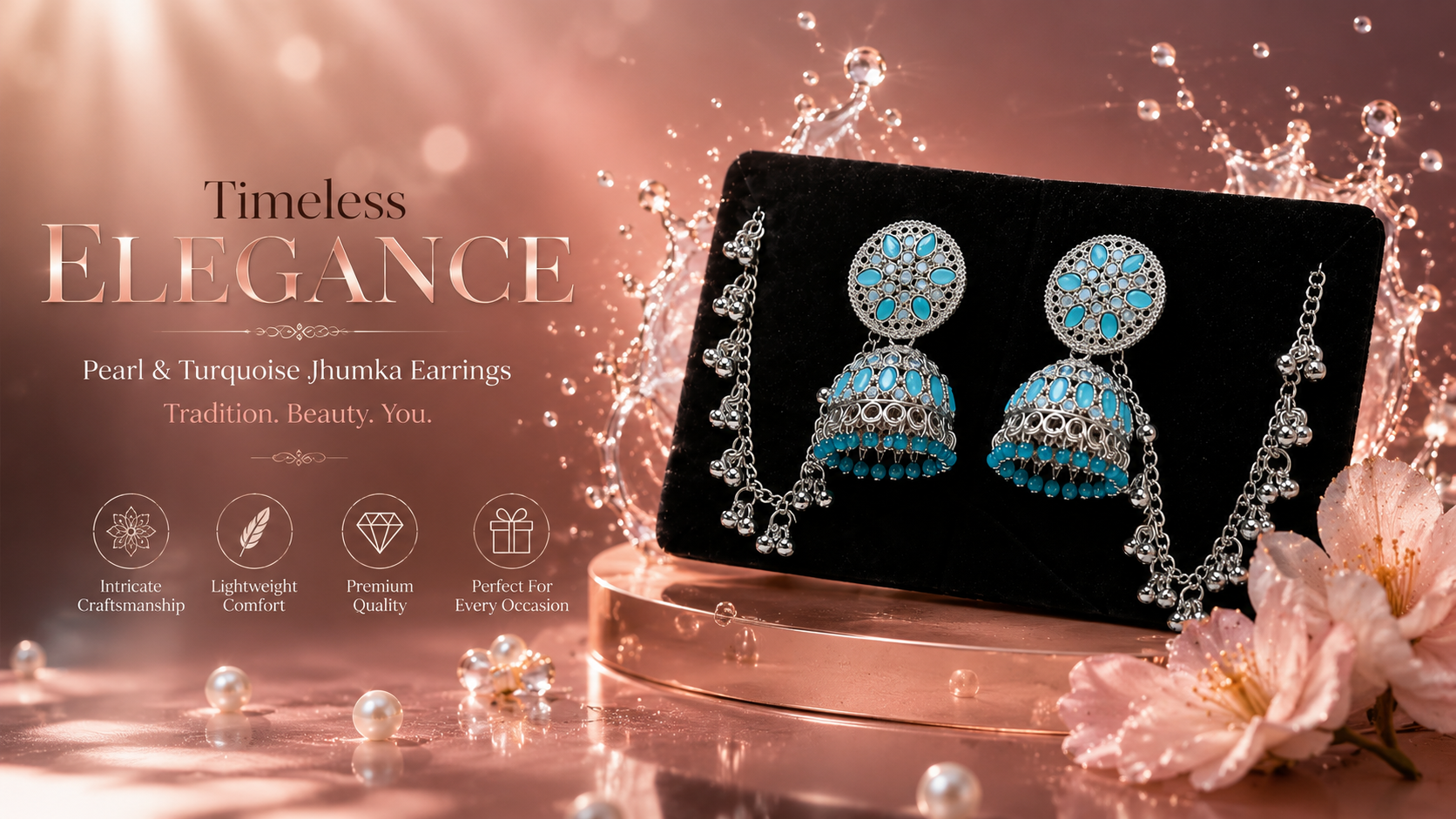 Turquoise Stone Oxidised Jhumka Earrings for Women with Pearl Chain Tassels | Traditional Ethnic Statement Jewelry