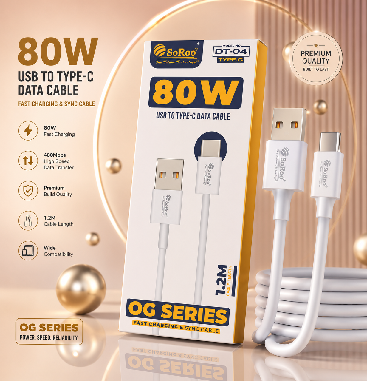 SoRoo 80W USB to Type-C Fast Charging Data Cable (1.2 Meter) | High-Speed Sync Cable with 1-Year Warranty