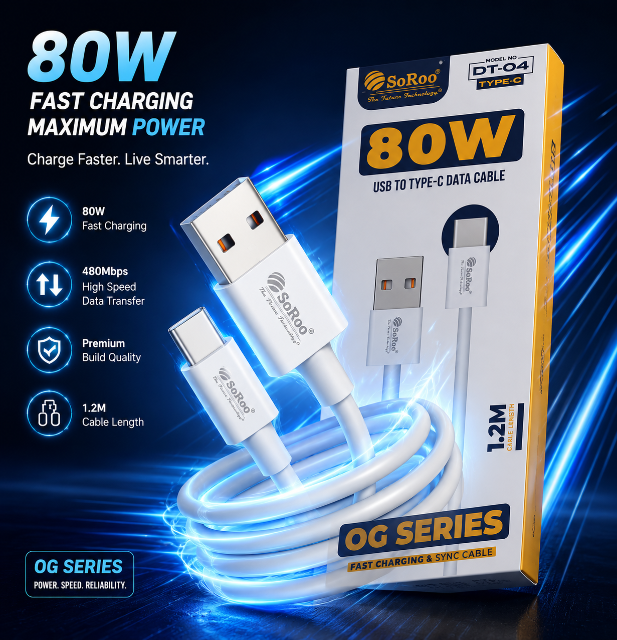 SoRoo 80W USB to Type-C Fast Charging Data Cable (1.2 Meter) | High-Speed Sync Cable with 1-Year Warranty