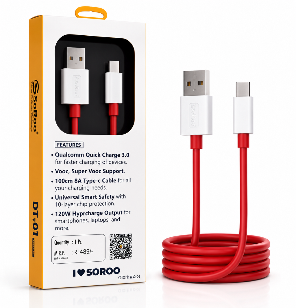SoRoo DT-01 120W USB to Type-C Fast Charging Cable (1000mm) | 8A Super Fast Charge | High-Speed Data Sync | 1-Year Warranty