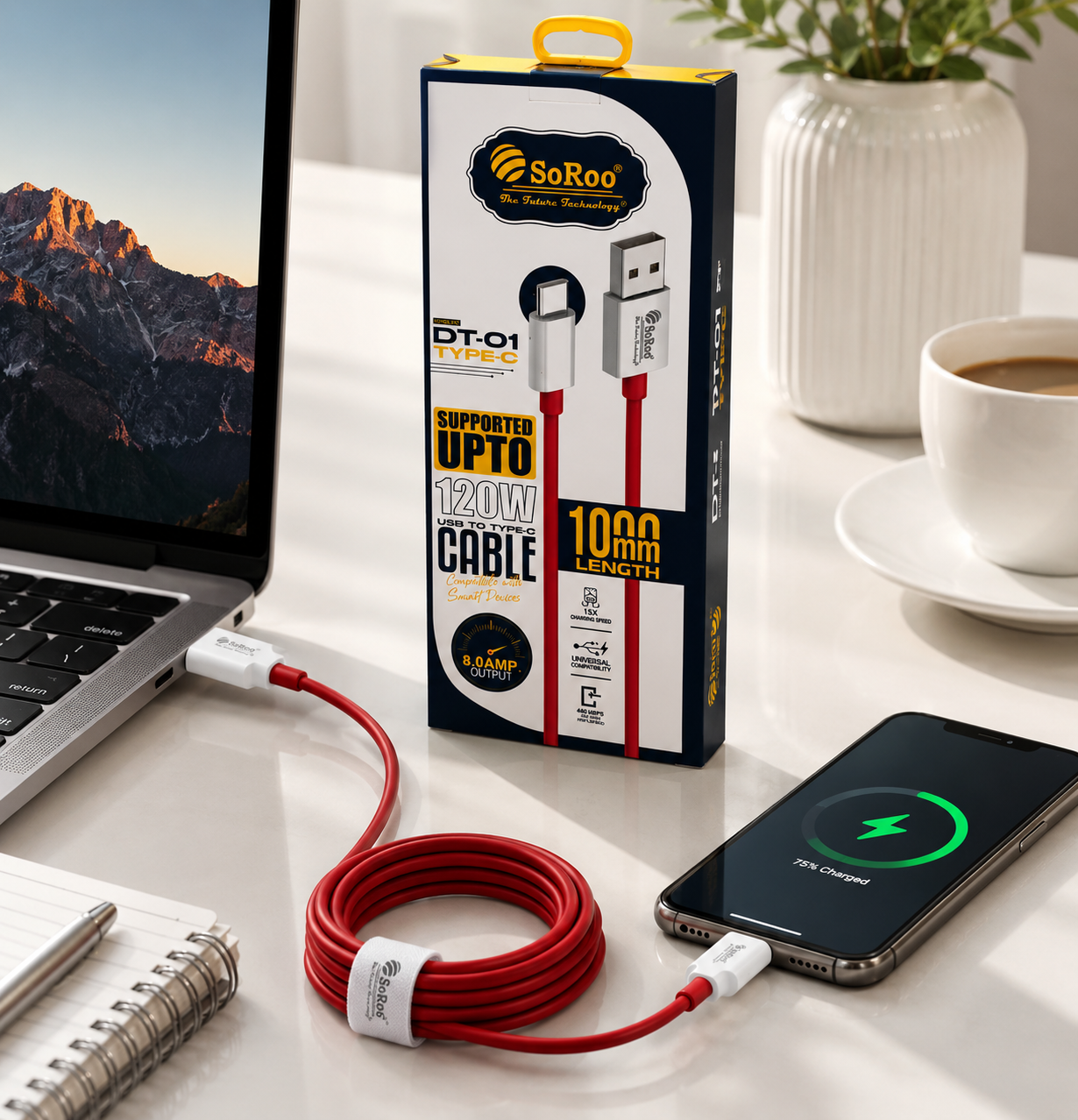 SoRoo DT-01 120W USB to Type-C Fast Charging Cable (1000mm) | 8A Super Fast Charge | High-Speed Data Sync | 1-Year Warranty