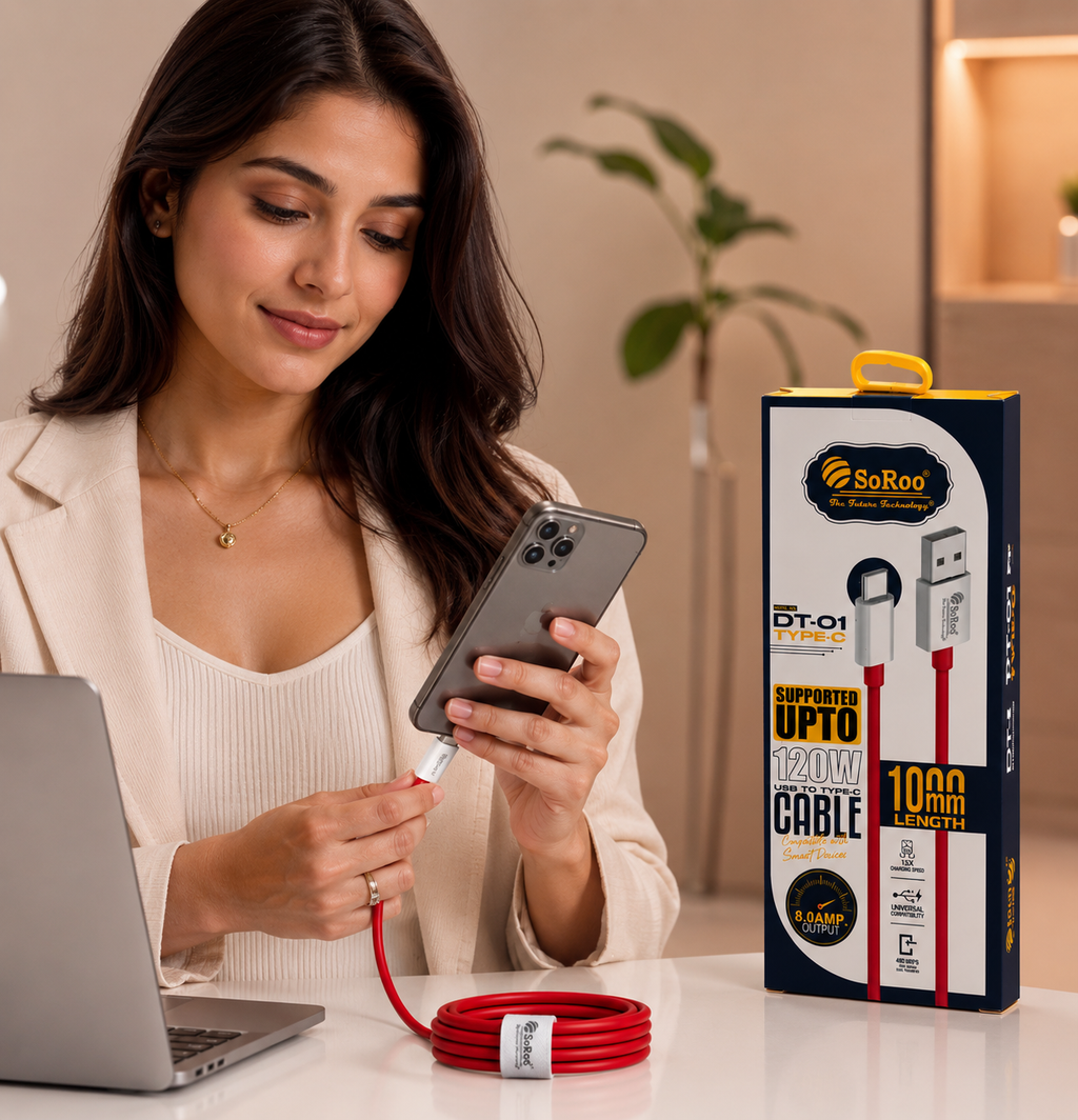 SoRoo DT-01 120W USB to Type-C Fast Charging Cable (1000mm) | 8A Super Fast Charge | High-Speed Data Sync | 1-Year Warranty