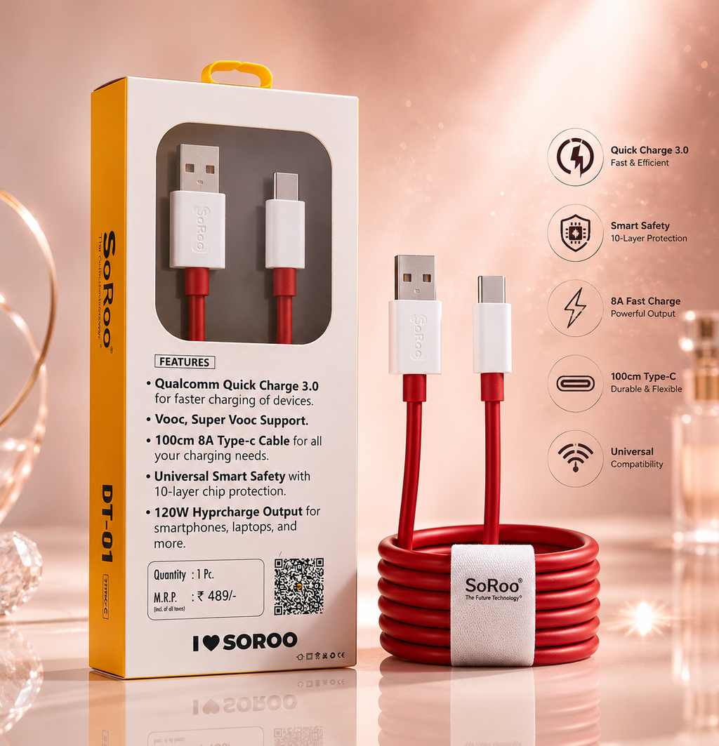 SoRoo DT-01 120W USB to Type-C Fast Charging Cable (1000mm) | 8A Super Fast Charge | High-Speed Data Sync | 1-Year Warranty