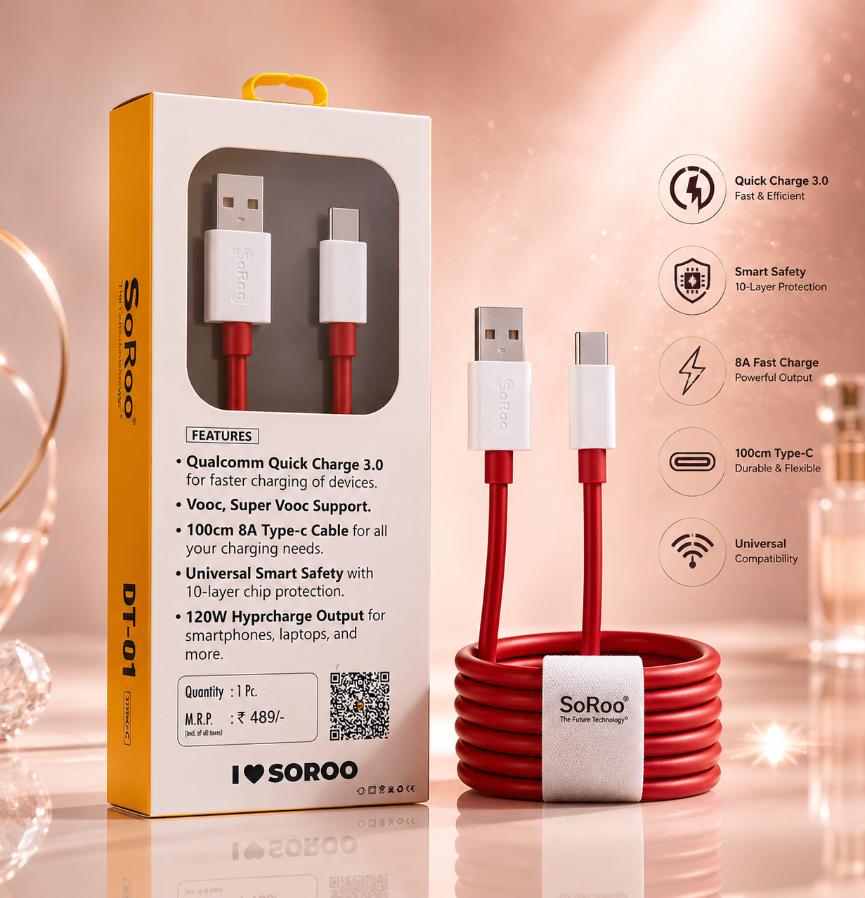 SoRoo DT-01 120W USB to Type-C Fast Charging Cable (1000mm) | 8A Super Fast Charge | High-Speed Data Sync | 1-Year Warranty