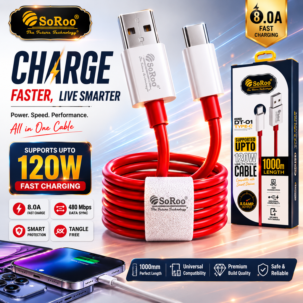 SoRoo DT-01 120W USB to Type-C Fast Charging Cable (1000mm) | 8A Super Fast Charge | High-Speed Data Sync | 1-Year Warranty