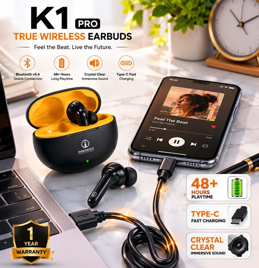 INNOMAX K1 Pro True Wireless Bluetooth Earbuds v5.4 with 48+ Hours Playtime & 1 Year Warranty