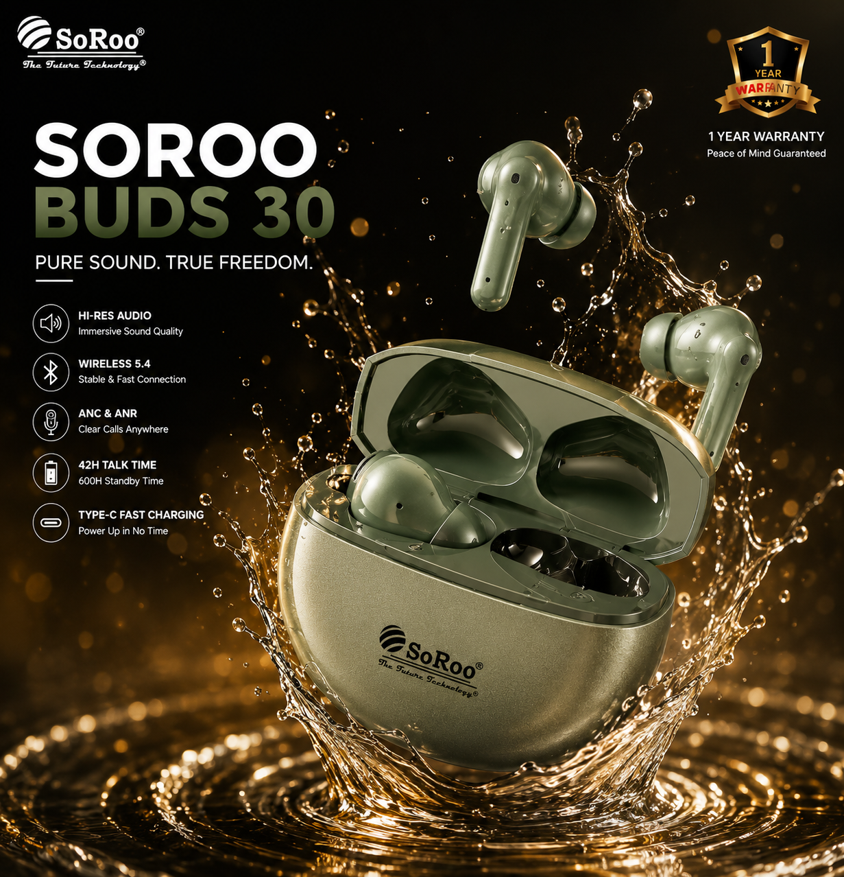 SoRoo Buds 30 Bluetooth 5.4 Wireless Earbuds with ANC & ANR, Hi-Res Audio, Type-C Fast Charging, 42H Playtime & 1 Year Warranty