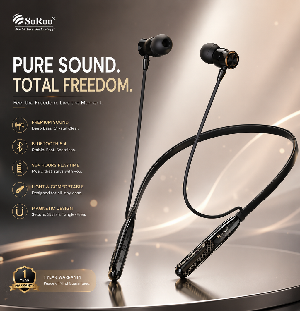 SoRoo i-Band 45 Wireless Bluetooth Neckband Earphones with ENC, Bluetooth 5.4 & 96+ Hours Playtime | 1 Year Warranty