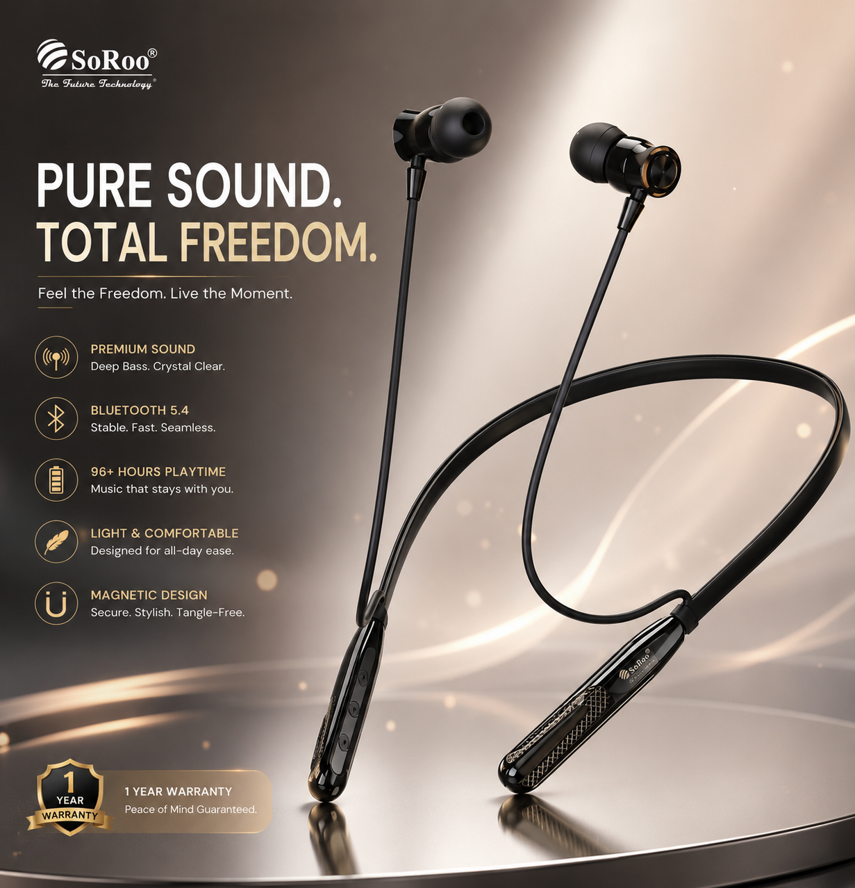 SoRoo i-Band 45 Wireless Bluetooth Neckband Earphones with ENC, Bluetooth 5.4 & 96+ Hours Playtime | 1 Year Warranty