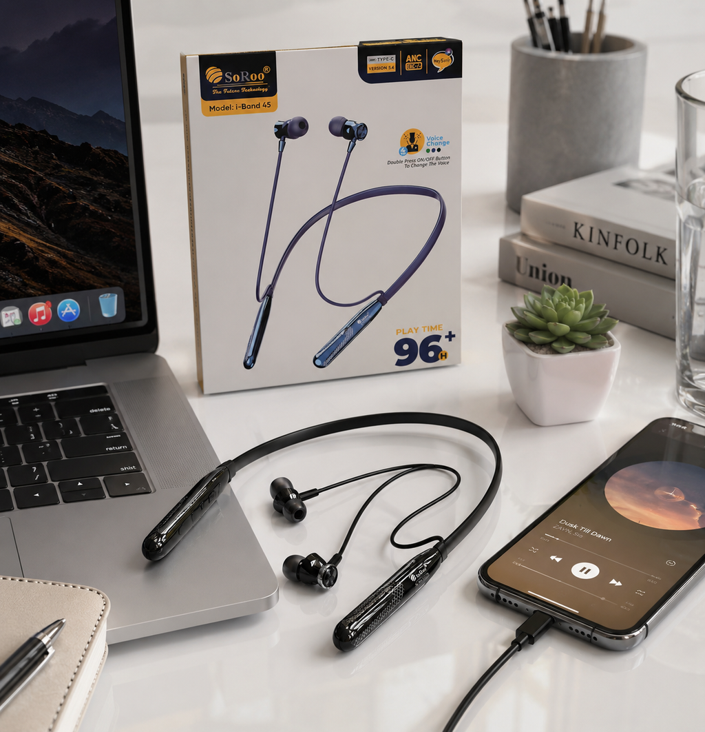 SoRoo i-Band 45 Wireless Bluetooth Neckband Earphones with ENC, Bluetooth 5.4 & 96+ Hours Playtime | 1 Year Warranty