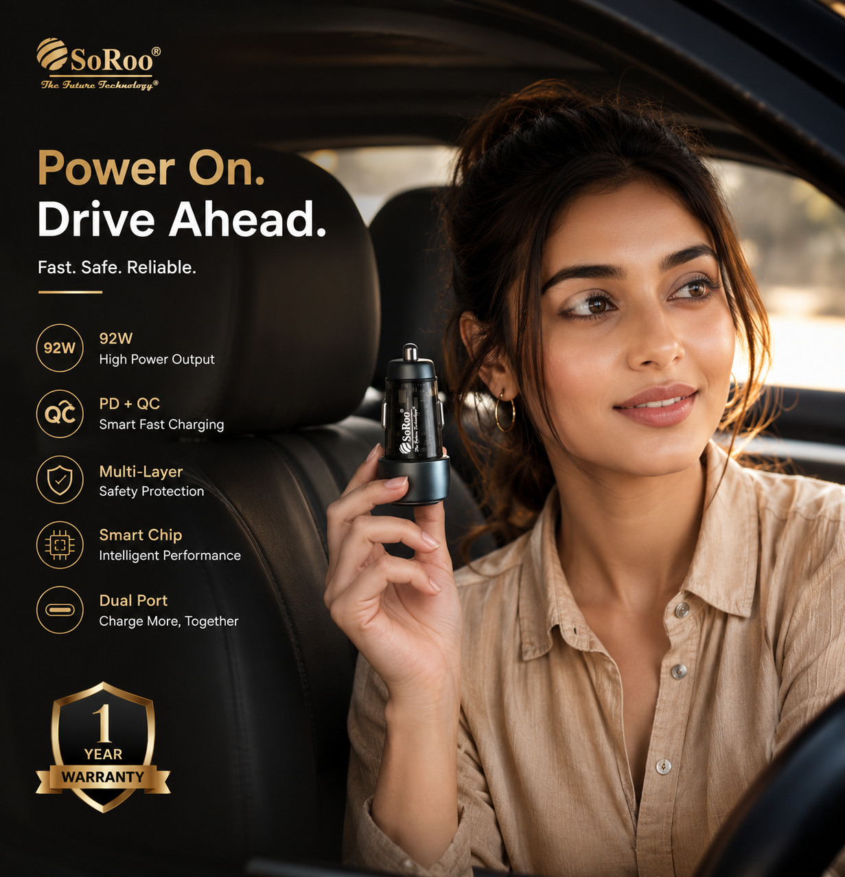 SoRoo C-18 92W PD + QC Transparent Car Charger with Type-C Cable | 1 Year Warranty