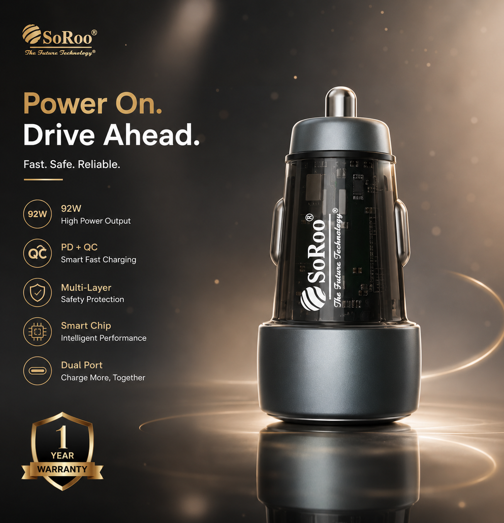 SoRoo C-18 92W PD + QC Transparent Car Charger with Type-C Cable | 1 Year Warranty