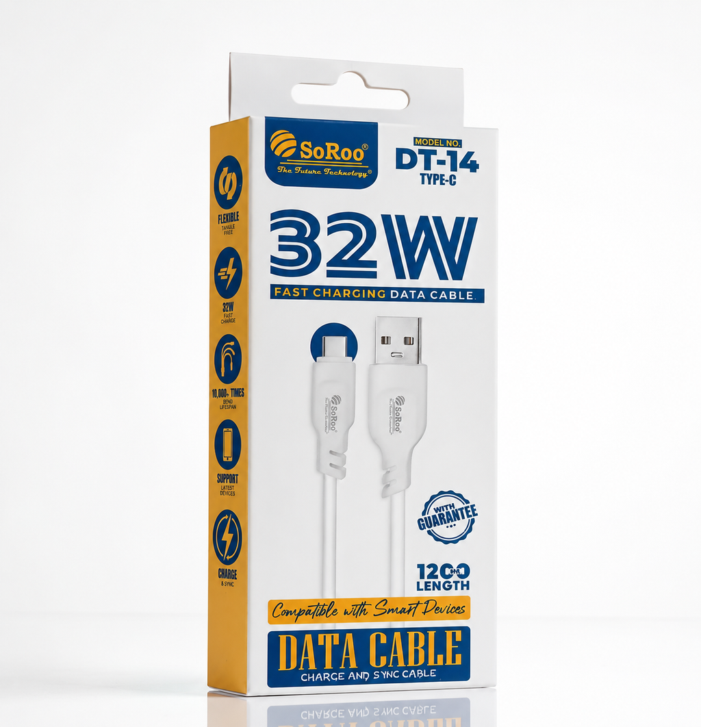 SoRoo DT-14 Type-C Fast Charging Data Cable (32W) – 120cm USB to Type-C Charging & Data Sync Cable with 1 Year Warranty | Durable, Tangle-Free & Safe Charging