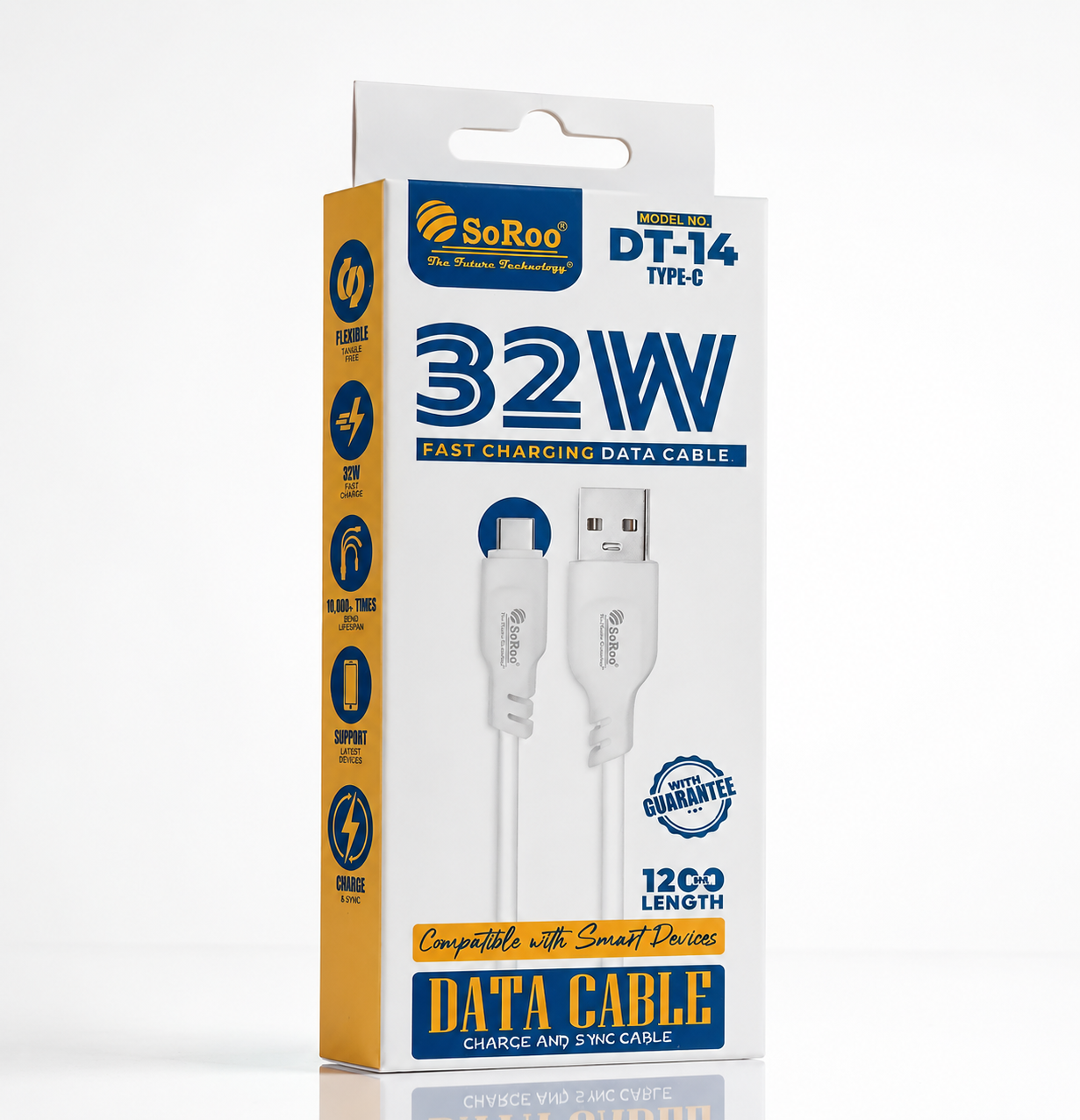SoRoo DT-14 Type-C Fast Charging Data Cable (32W) – 120cm USB to Type-C Charging & Data Sync Cable with 1 Year Warranty | Durable, Tangle-Free & Safe Charging