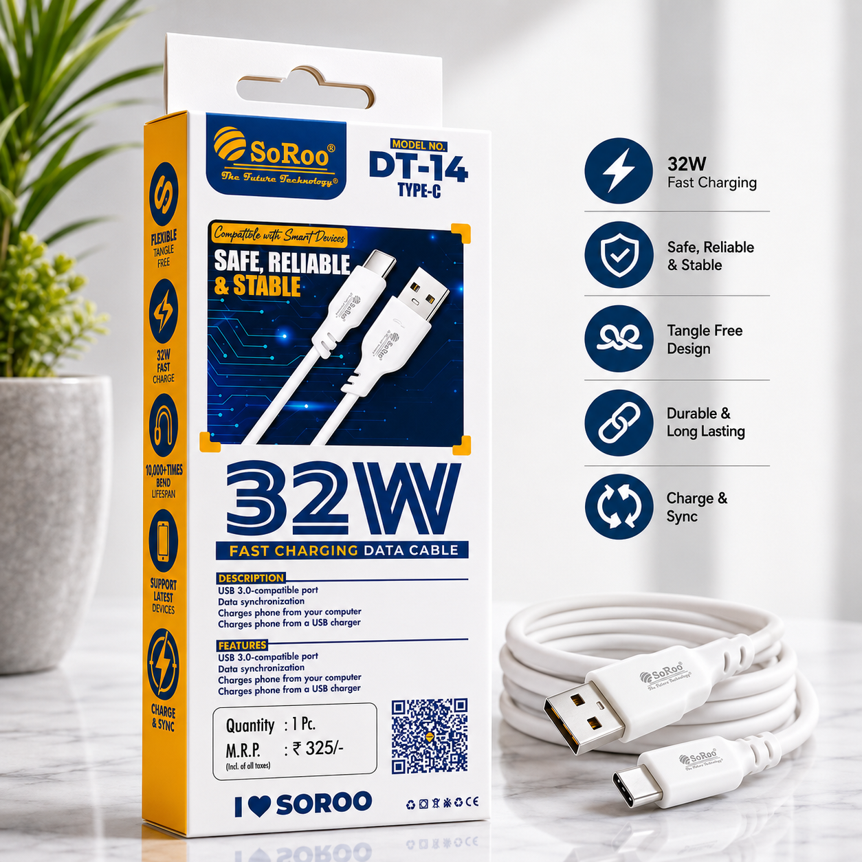 SoRoo DT-14 Type-C Fast Charging Data Cable (32W) – 120cm USB to Type-C Charging & Data Sync Cable with 1 Year Warranty | Durable, Tangle-Free & Safe Charging