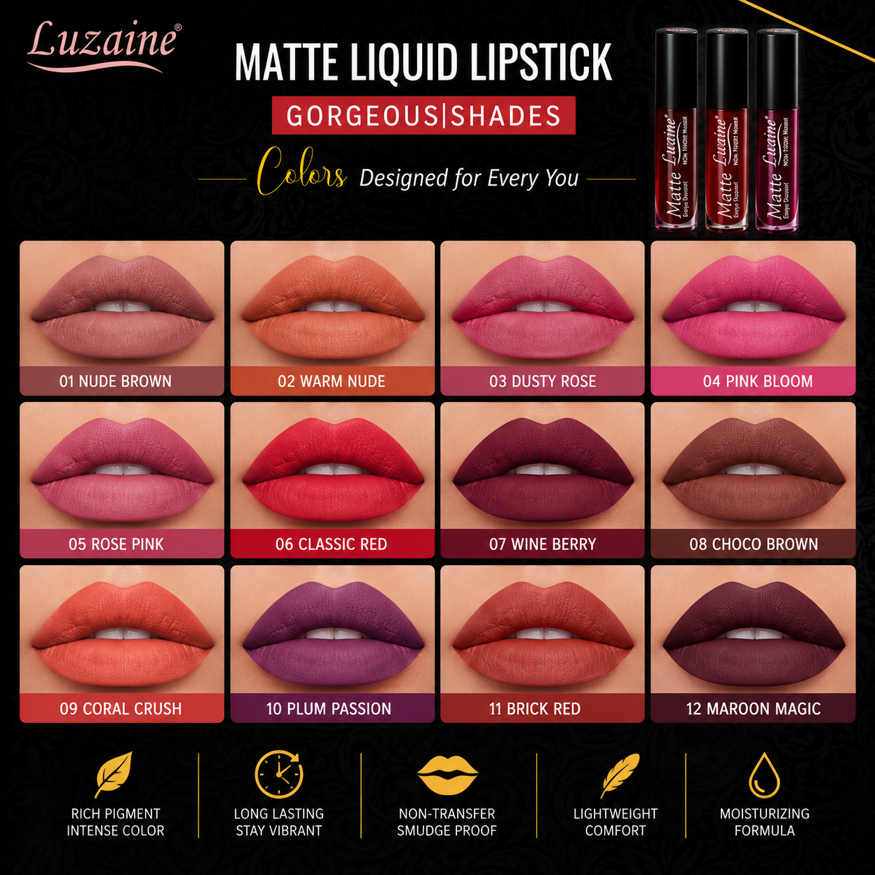 Luzainé Matte Liquid Lipstick (Gorgeous | Shades) Set of 2 Pcs