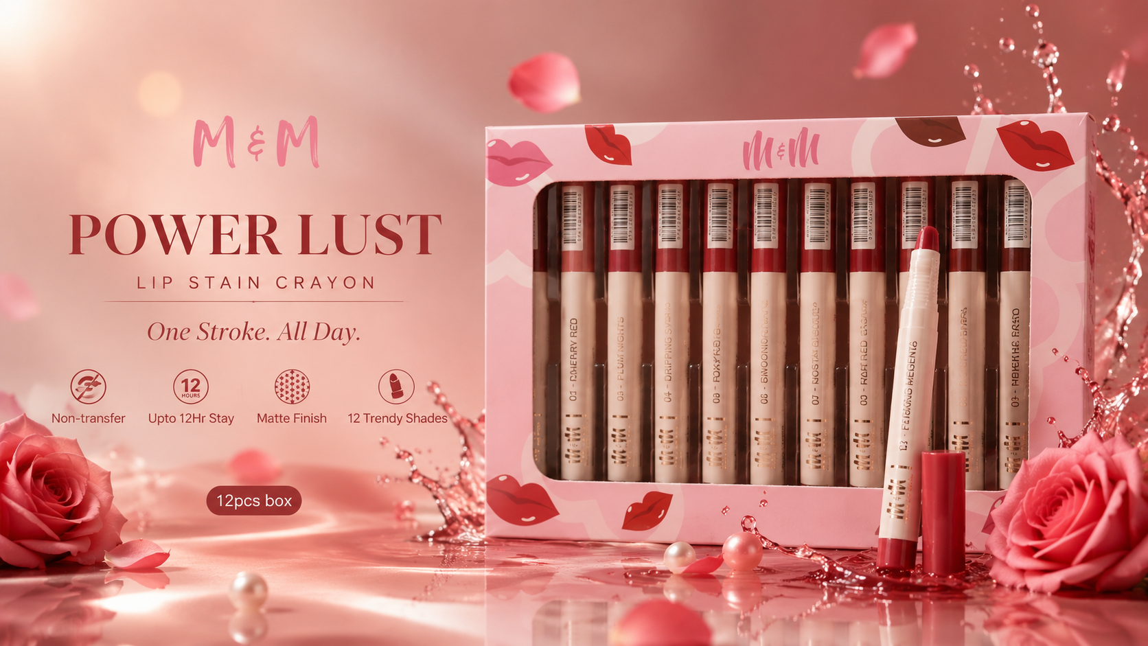 M&M Power Lust Lip Stain Crayon Set | 12 Trendy Matte Shades | Long-Lasting Non-Transfer Lip Crayons | Set of 2