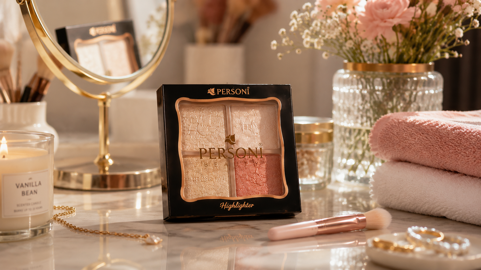 PERSONI Beauty 4-Color Highlighter Palette – Radiant Glow Shimmer Highlighter