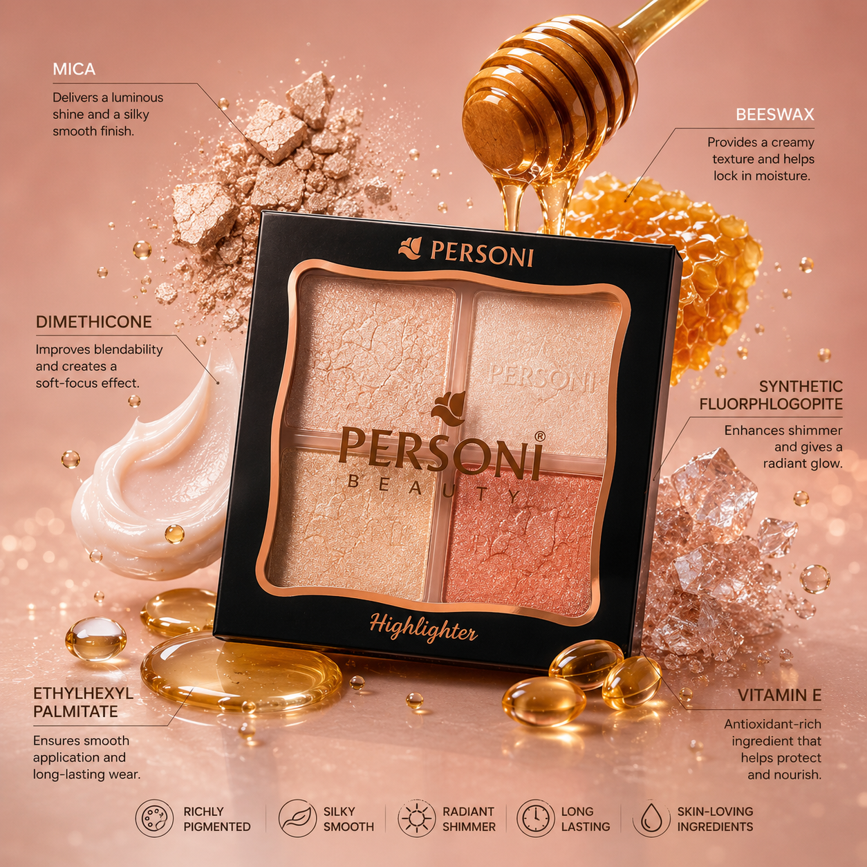 PERSONI Beauty 4-Color Highlighter Palette – Radiant Glow Shimmer Highlighter