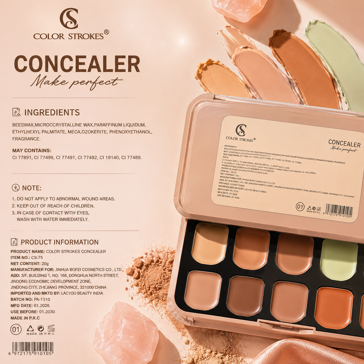 Color Strokes Concealer Palette – Full Coverage Cream Concealer Kit | 10 Multi-Use Shades for Flawless Makeup
