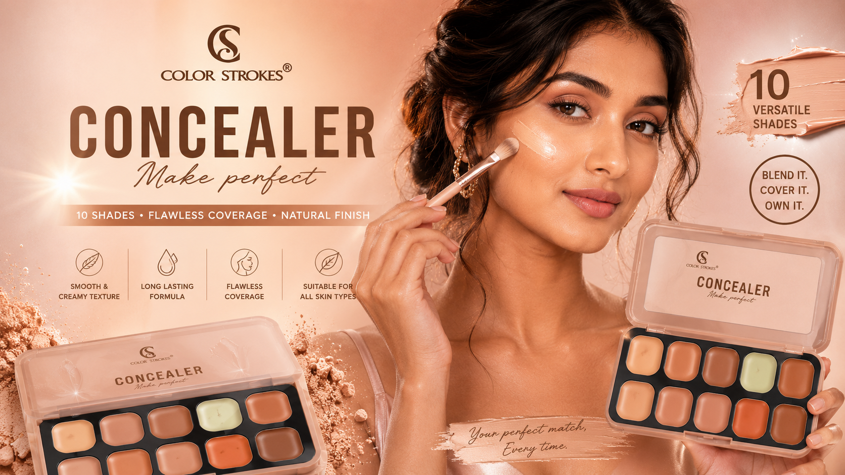Color Strokes Concealer Palette – Full Coverage Cream Concealer Kit | 10 Multi-Use Shades for Flawless Makeup
