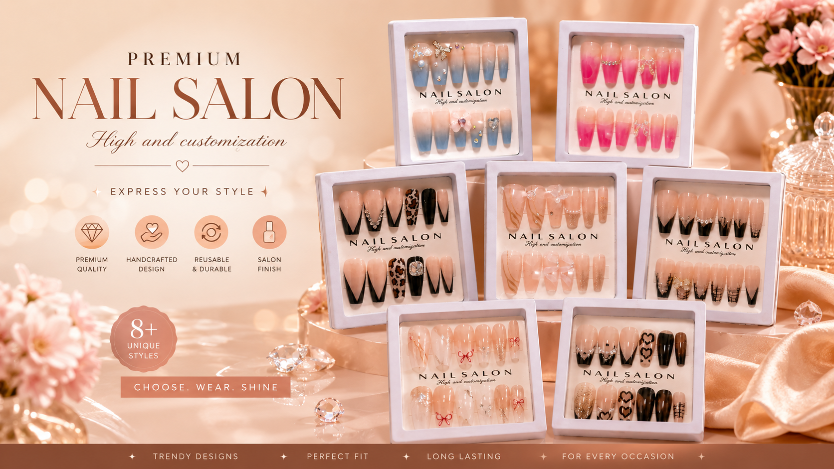 Luxury Handmade Press-On Nails Set – Reusable Glossy Nail Art Collection with Rhinestone & Ombre Designs