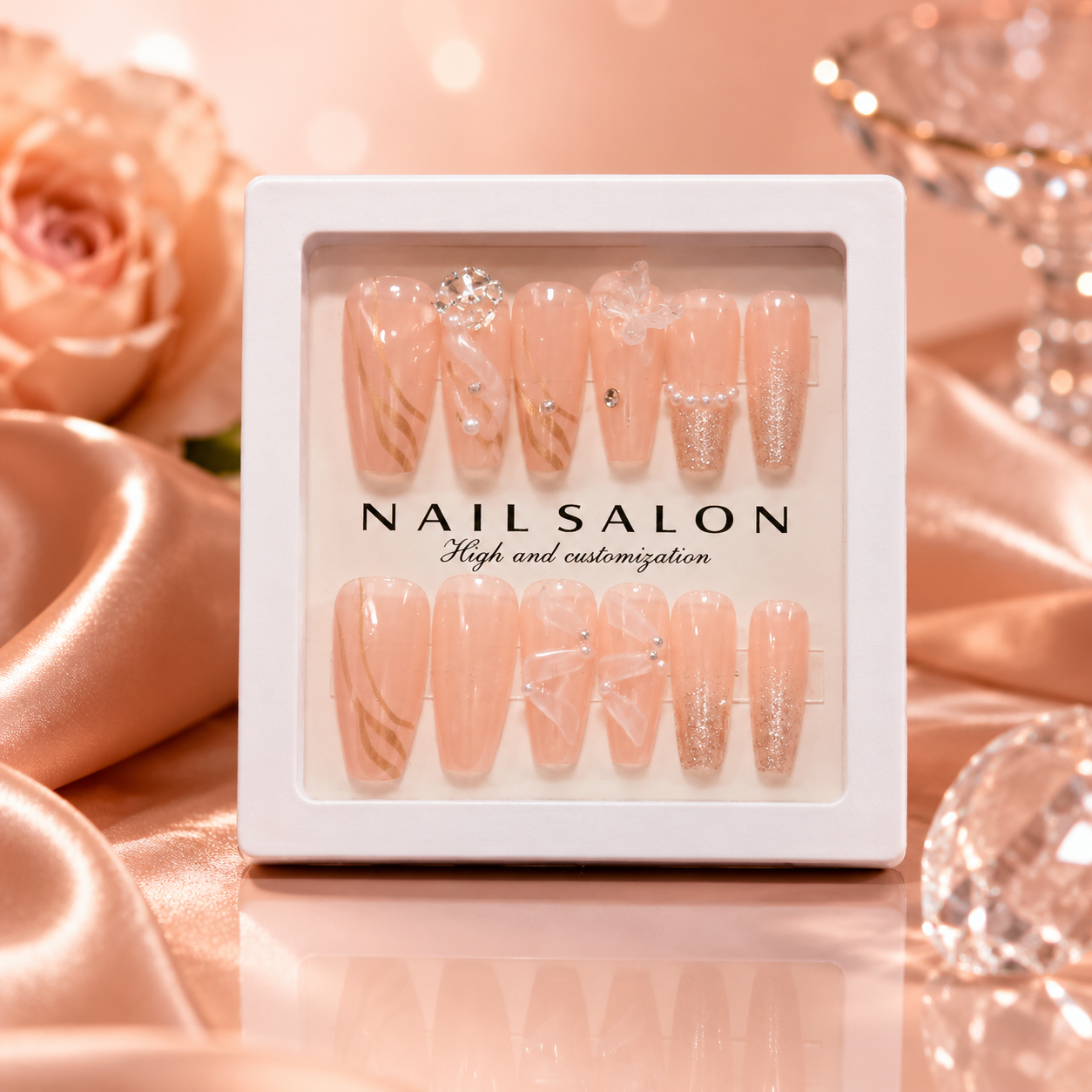 Luxury Handmade Press-On Nails Set – Reusable Glossy Nail Art Collection with Rhinestone & Ombre Designs