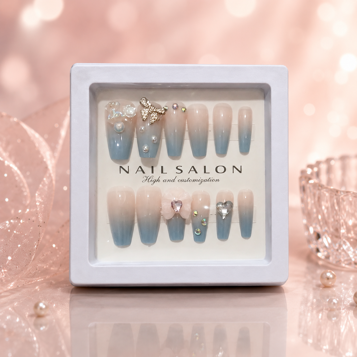 Luxury Handmade Press-On Nails Set – Reusable Glossy Nail Art Collection with Rhinestone & Ombre Designs